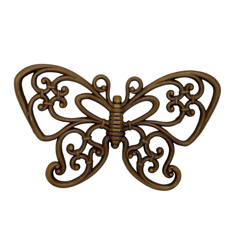 Vintage 1970s Butterfly Wall Art Faux Wood Plastic Filigree Boho Home Decor